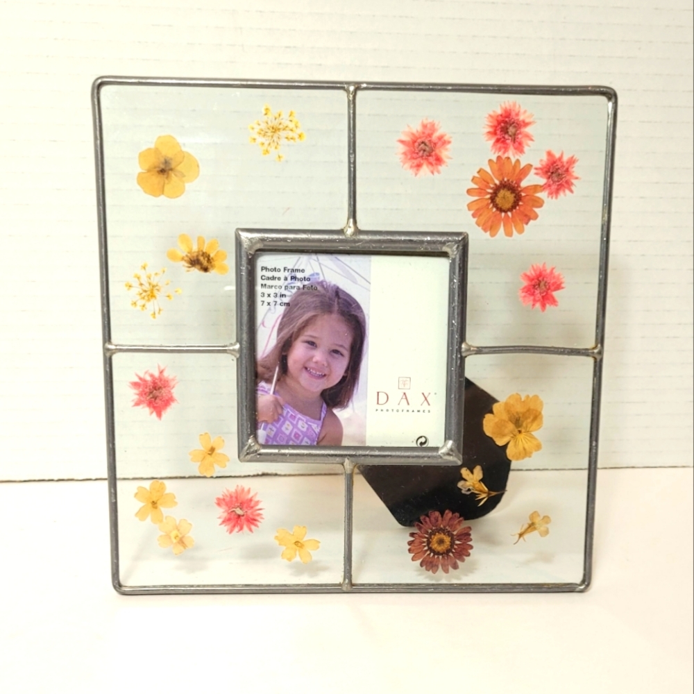 Vintage Leaded Glass Pressed Flowers Frame Yellow, Pink Flowers NEW Old Stock